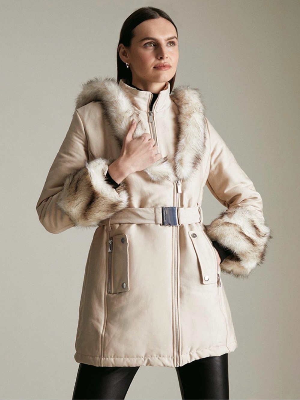 Karen Millen Faux Fur Collar Trim Parka Jacket